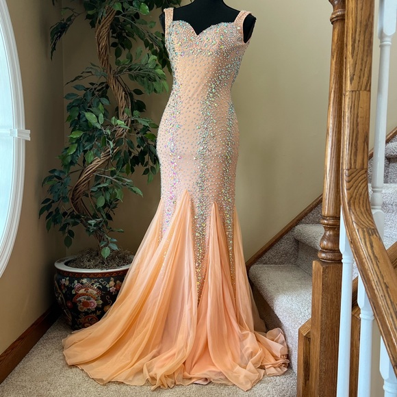 peach beaded dress Scala 80104 Prom Long Beaded Floral Sequin Formal Dress main image 1